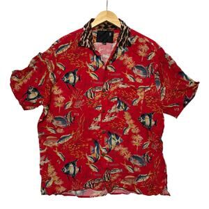 R13 Hawaiian Red Fish Print Viscose Button Up Shirt M S/19